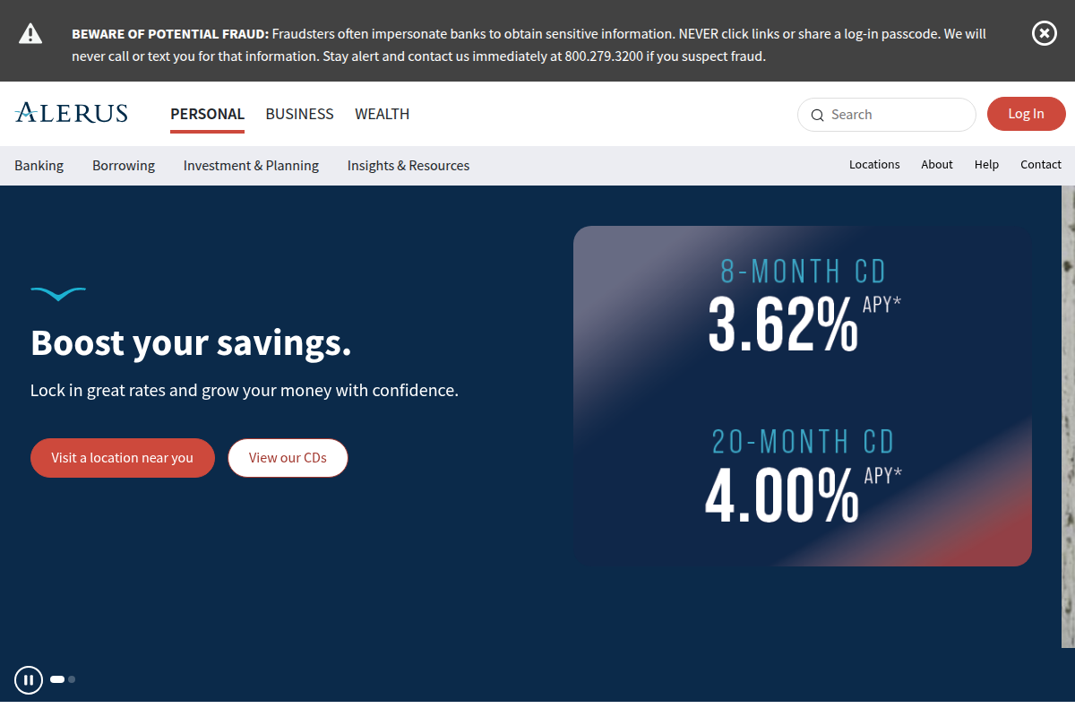 ALERUS FINANCIAL NA website snapshot