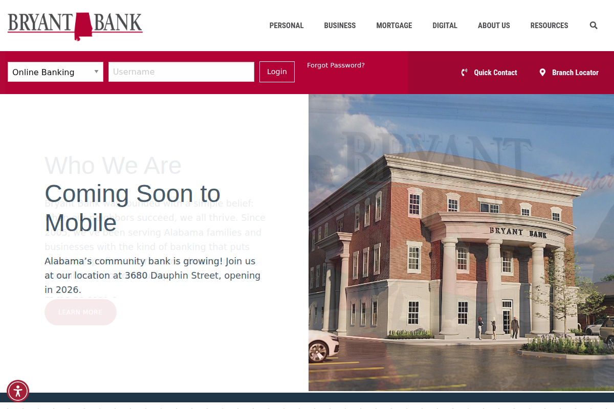 BRYANT BANK website snapshot